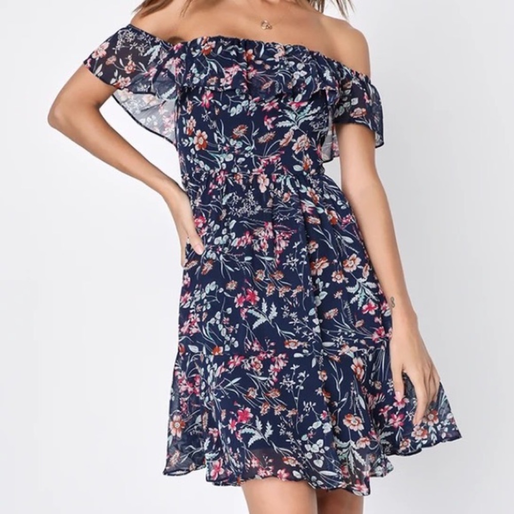 NWT Lulus Navy Blue Floral Off-the-Shoulder Dress